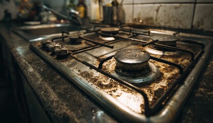 Obraz premium A close-up view showcases a heavily soiled and aged gas stovetop within a dimly lit kitchen setting, highlighting the wear and tear of domestic use.