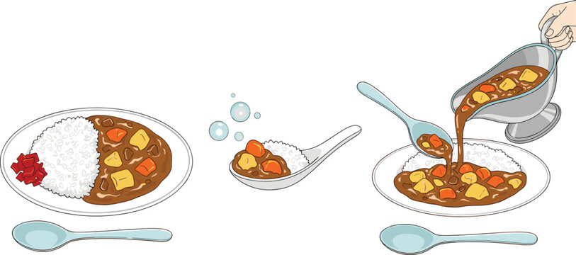 Japanese Curry Rice Cooking Process Illustration Set with Plate Serving, Spoon Scoop, and Sauce Pouring Steps for Food Preparation Concept Design