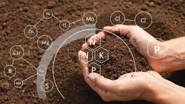 Hands holding fertile soil, with an infographic showing essential macro and micronutrients (N, P, K, Fe, Zn) vital for sustainable agriculture and robust plant growth