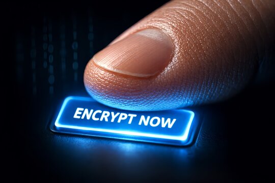 A finger pressing a glowing blue button with the words 'ENCRYPT NOW' in a dark background