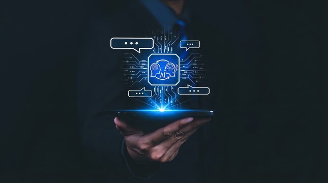 A businessman holding a smartphone with a glowing blue chatbot interface in his hand