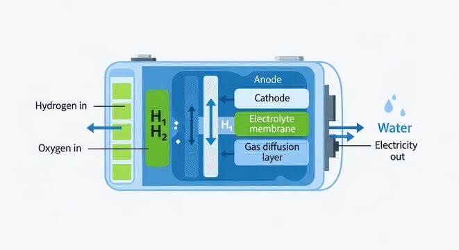 Scientific diagram displays the internal process of a fuel cell converting gas into electrical energy.