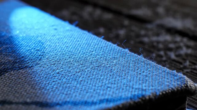 Textile detail with blue lighting on dark rustic wood