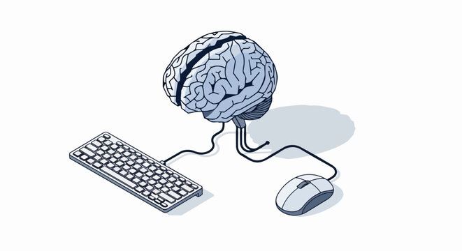 Isometric Illustration of a Human Brain Connected to a Computer Keyboard and Mouse, Representing Brain-Computer Interface and Artificial Intelligence Concept
