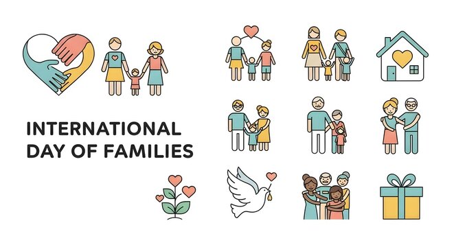 International Day of Families flat design illustration with diverse family groups and home elements