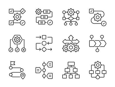 Workflow Process line icon set. Collection of logical flowcharts, project roadmaps and business sequence outline vector symbols with editable stroke.