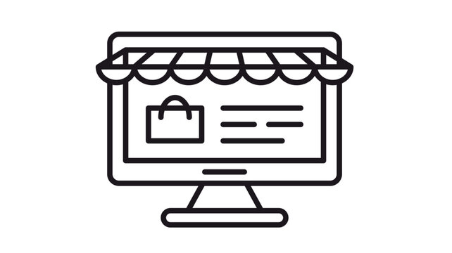 Black line art vector icon of a computer monitor with a shop awning and shopping bag on the screen, symbolizing online retail, e-commerce, digital storefront, and internet business concepts.
