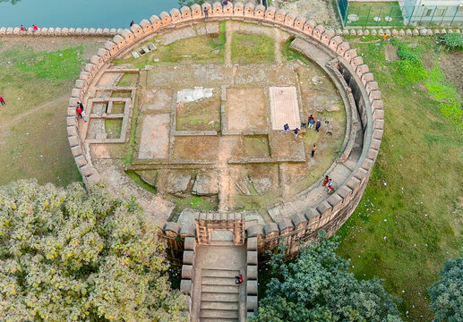 Aerial view of the historic Idrakpur Fort, its weathered stones telling tales of time, standing proudly amidst the lush greenery, Munshiganj, Bangladesh.
