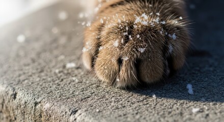 Fototapeta premium Brown animal paw rests on a cold surface covered in delicate snowflakes.