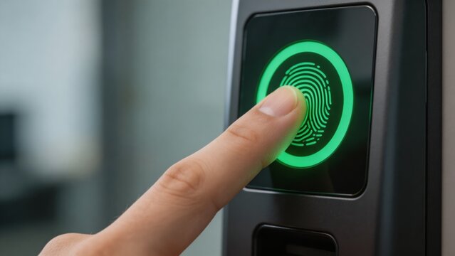 A close-up view of a person's finger being scanned by a biometric fingerprint reader for secure identification and authentication purposes.