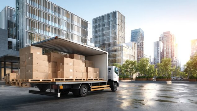 A delivery truck is fully loaded with cardboard boxes in a modern urban setting.