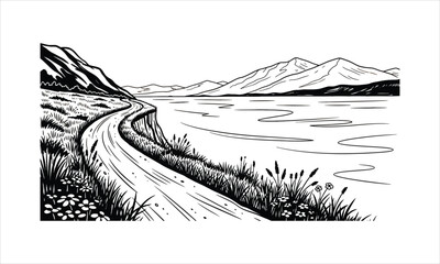 Obraz premium Scenic winding road beside a calm lake with distant mountains, black and white illustration