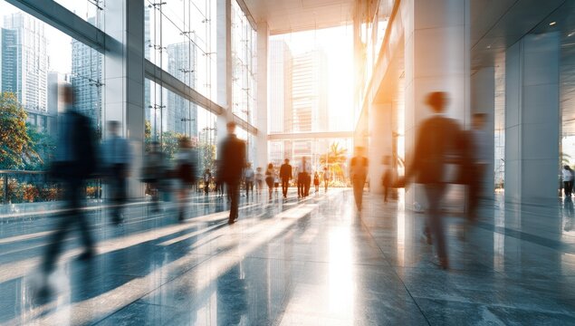Blurred motion of business people walking in a modern office lobby with sunlight streaming in.