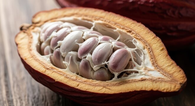 Fresh cacao pod is split open to reveal raw seeds and pulp inside.