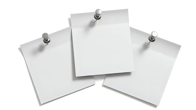 Three blank sheets of paper pinned on a board with metallic clips isolated on white background