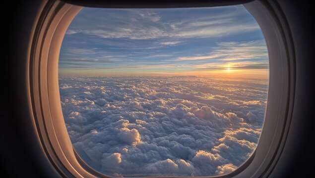A breathtaking view of a sunset over a vast expanse of clouds, captured through an airplane window, evokes a sense of wonder and tranquility.