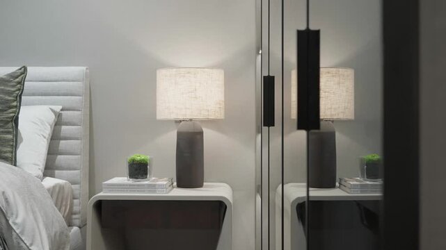 Modern bedroom bedside table with lamp, green plant, and mirror reflection