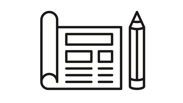 Architectural blueprint document with pencil vector icon illustration, minimalist black line symbol for construction planning, engineering design, and project drafting, isolated on white background