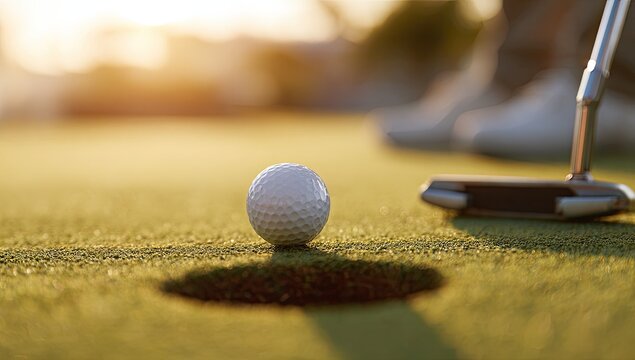 Golfer Putting Golf Ball Towards Hole on Green Grass at Sunset.