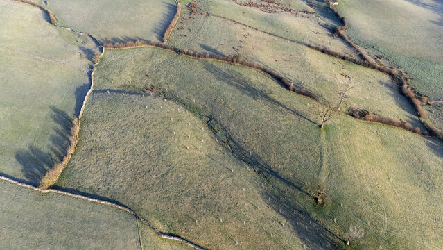Aerial view of sun-kissed fields divided by stone walls cast long shadows, creating a tapestry of light and shadow over the undulating landscape, England, United Kingdom.