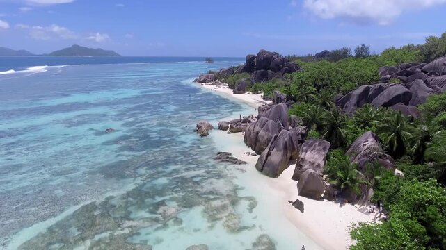 Aerial view of amazing Anse Source Argent in slow motion, Seychelles