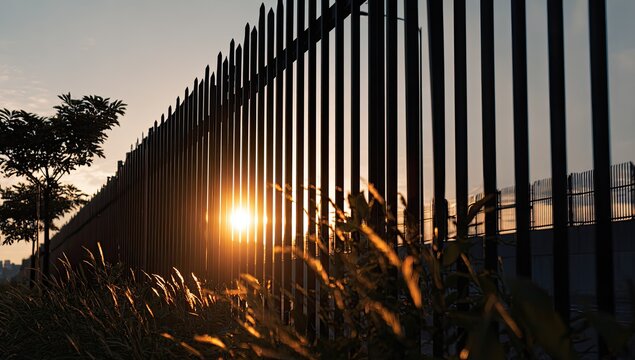 The sun sets behind a tall, imposing metal fence, casting long shadows and a warm glow.
