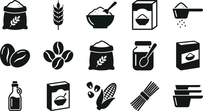 Black and white food icons set including cereal grains and utensils on white background