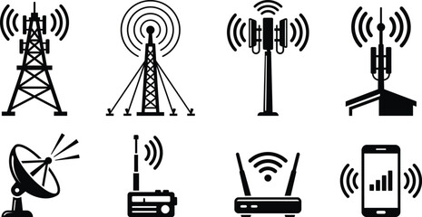 Fototapeta premium Signal Tower Broadcast Antenna Icon Vector Set