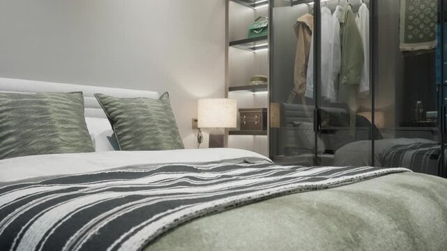 Modern bedroom featuring a neatly made bed and a glass-enclosed wardrobe with ambient lighting