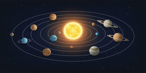Solar System Illustration with Sun and Orbiting Planets in Space Educational Astronomy Diagram Featuring Mercury Venus Earth Mars Jupiter Saturn Uranus Neptune © Nazrul