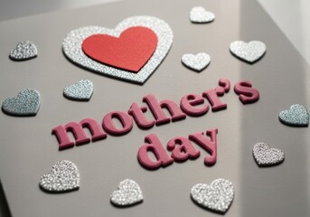 Obraz premium A mothers day card with pink and silver hearts on gray background