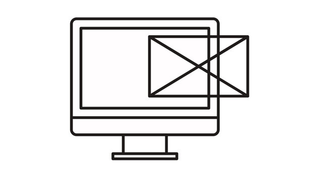 Black line vector icon illustration of a desktop computer monitor with an envelope symbol, representing email communication, digital messaging, online inbox notifications, and electronic mail.