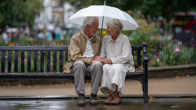 Older couple on rain-soaked park bench under shared umbrella, hands intertwined on lap, mature faces reflected in puddle before them, June shower surrounding warm intimacy, perfect for senior romanc