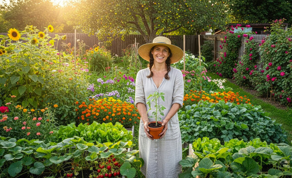 Woman wearing a straw sun hat in a backyard garden, holding a young potted plant among sunflowers, herbs and vegetables. Warm summer light evokes homegrown, eco-friendly and relaxed gardening life