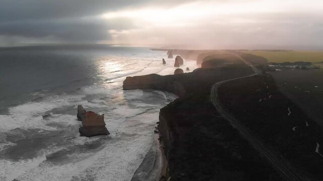 Backlit aerial view of Twelve Apostles, Port Campbell National Park