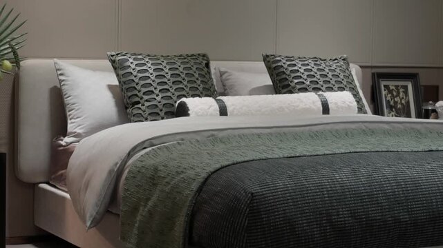 Modern minimalist bedroom featuring carefully arranged bedding with textured gray-green fabrics and decorative pillows