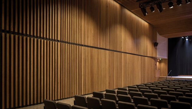 Medium view of slatted acoustic wall panels inside an auditorium highlighting their role in sound diffusion and improved audio clarity during events.