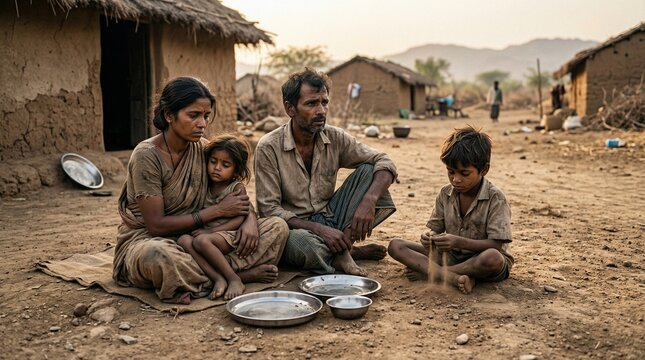 Poverty-stricken family in a rural village, India. Parents with two children sitting outside their humble dwelling, showcasing hardship and resilience in a developing nation.