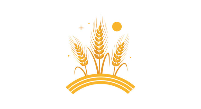 Beautiful golden illustration of three wheat stalks growing on a hill under a bright sun with stars in the sky.