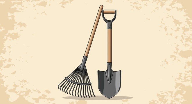 Garden rake and spade shovel with wooden handles leaning against each other on a textured vintage background for landscaping themes.