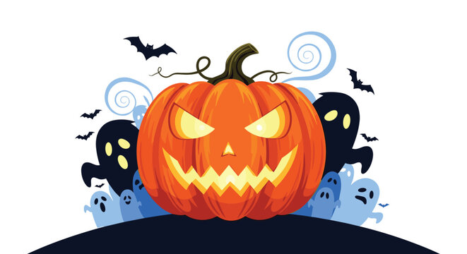 Spooky halloween scene featuring a large glowing orange jack o lantern pumpkin surrounded by blue ghosts and bats in the night sky.