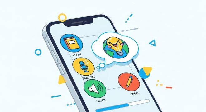Smartphone screen displays colorful interactive icons for learning languages and educational progress.
