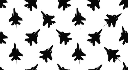 Fototapeta premium Seamless pattern design composed of repeating black silhouettes of fighter jets flying in various directions on white.