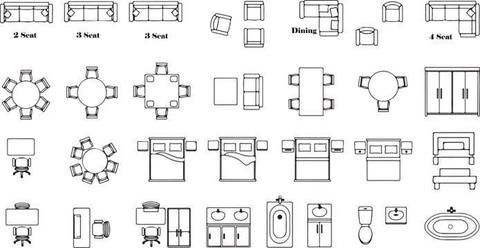 Top view architectural furniture symbols set. 2D CAD plan vector icons for interior design and floor plan.Architectural furniture black and white vector illutration.