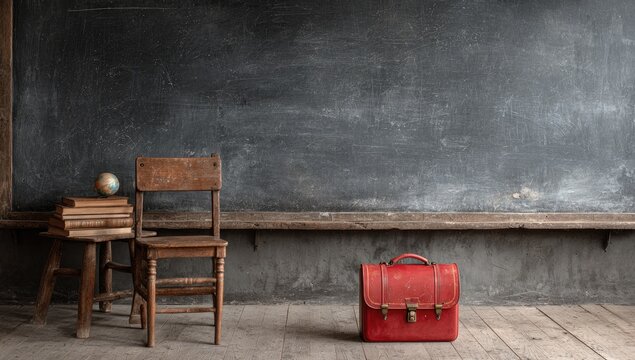 A vintage classroom scene features a wooden chair, books, a globe, and a red satchel before a dark chalkboard.
