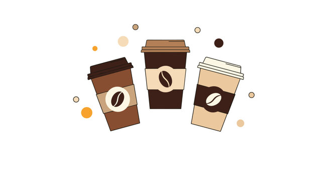Three different colored disposable coffee cups with bean logos surrounded by floating circles representing coffee break culture and morning routines.