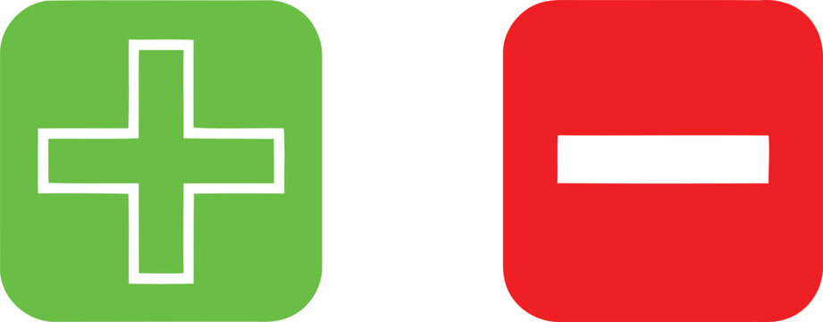 A green plus sign and a red minus sign icon representing addition and subtraction operations Vector