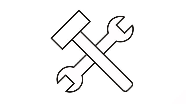 Minimalist black line vector icon of a crossed hammer and wrench, representing repair, maintenance, construction, and DIY services. Scalable illustration for web design, branding, and logos.
