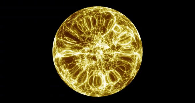 Seamless loop. An abstract luminous sphere demonstrates the dynamic motion of particles moving in a circle. The internal structure of many intertwining lines and dots alternately disintegrates and ref