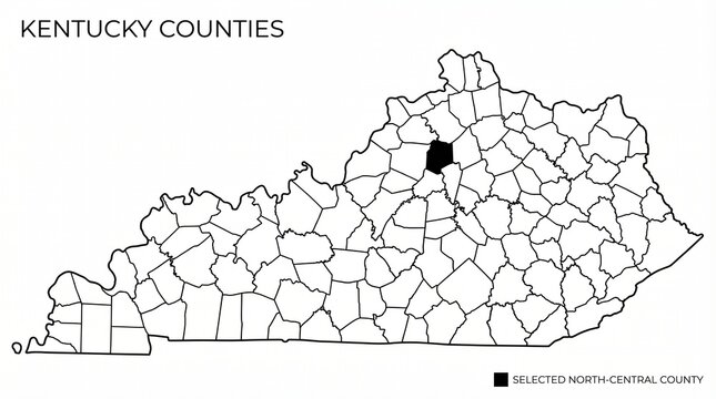 "Map of Kentucky counties with one north-central county shaded black for geographic reference"